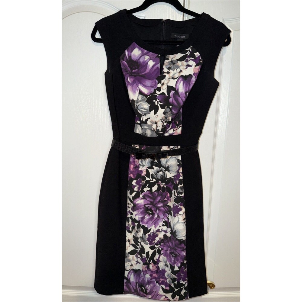 White House Black Market Purple Floral Colorblock Sheath Dress Sz 4 Keyhole Belt